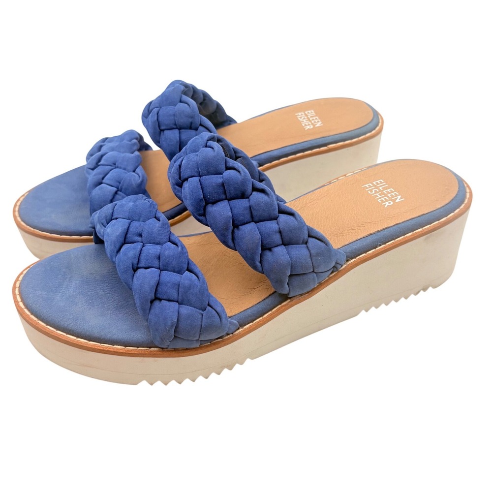 Eileen Fisher Braided Platform Slide Sandals Womens 7 Blue Wedge Strappy Coastal
